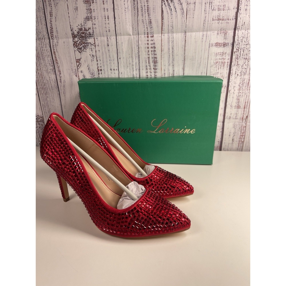 Lauren Lorraine Red Rhinestones Bling Stilettos Ruby Slippers Size 8